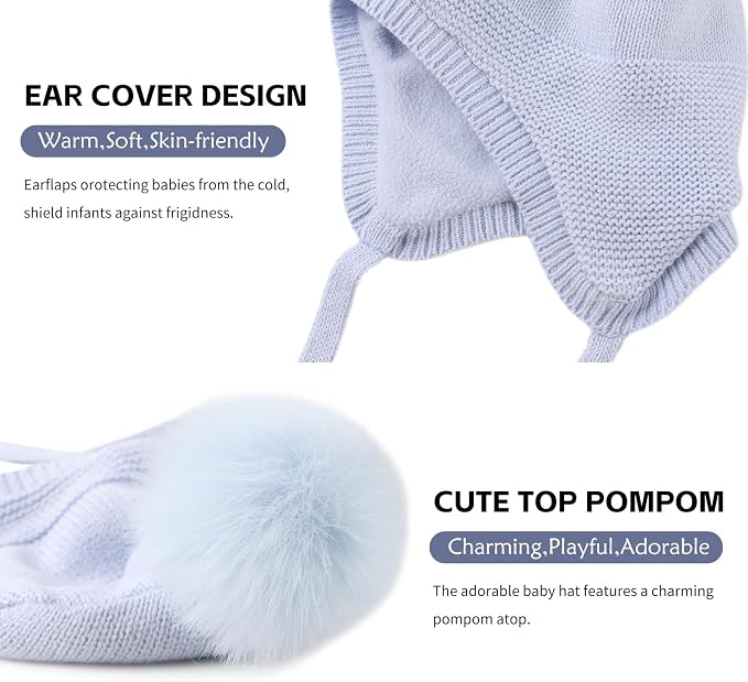 JANGANNSA Basic Winter Baby Boys Beanie Pompom Knitted Girls Hat Kids Earflap - Image 4