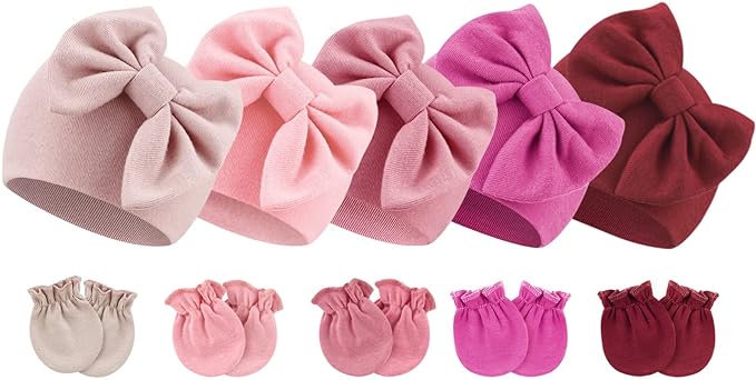 BQUBO Newborn Baby Girls Hats Mittens Set Hospital Hat Beanie Infant Bow Hats by DRESHOW