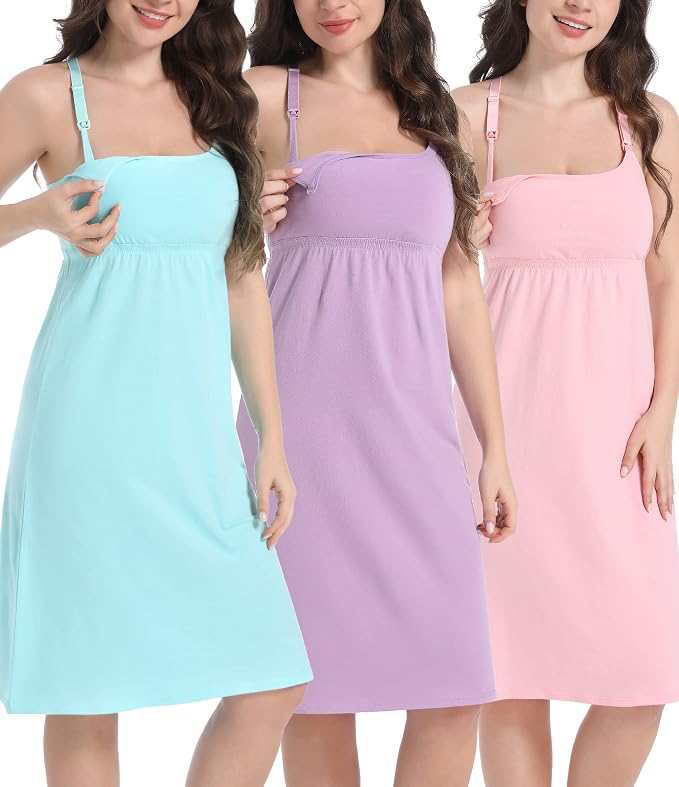 SUIEK 3-Pack Maternity Nursing Nightgown Cotton Breastfeeding Dress Pregnancy by SUIEK