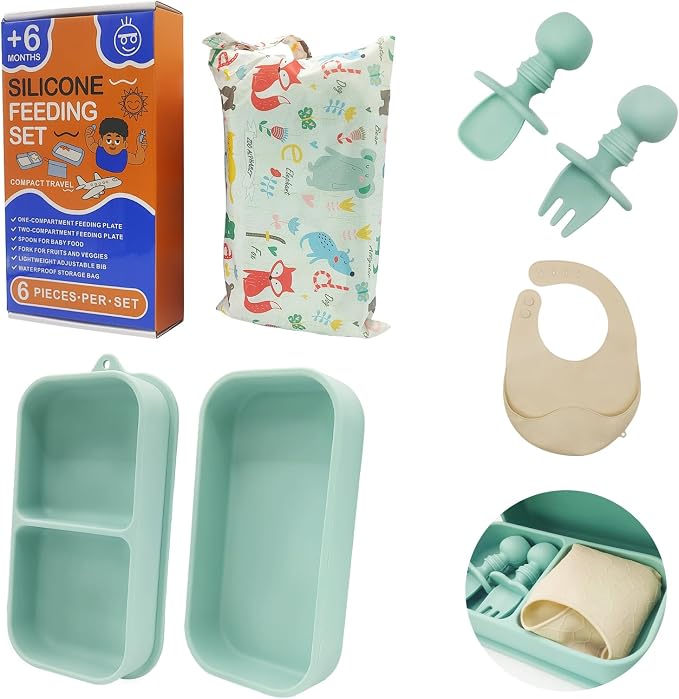 Travel Silicone Baby Feeding Set, 6 In 1 Portable Plates Spill Proof by OMOCAS