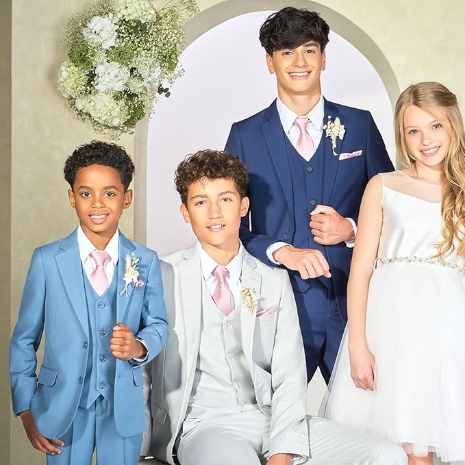 Boys Suit 4 Piece Slim Fit Kids Tuxedo Suit Formal Wedding Outfit Blazer Vest - Image 4