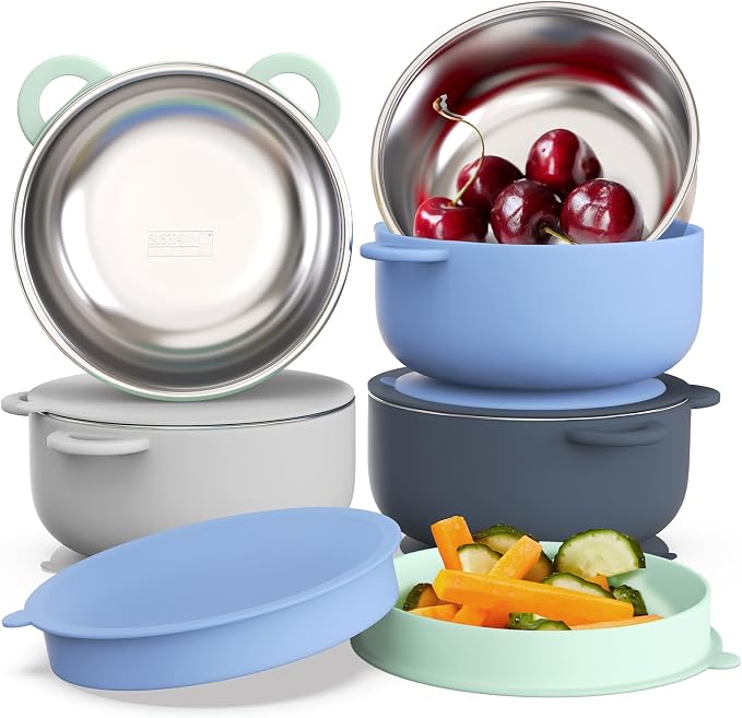 Baby Suction Bowls with Lids 4-Pack, 2-in-1 Stainless Steel 304 Toddler Bowl & by Bakpoco