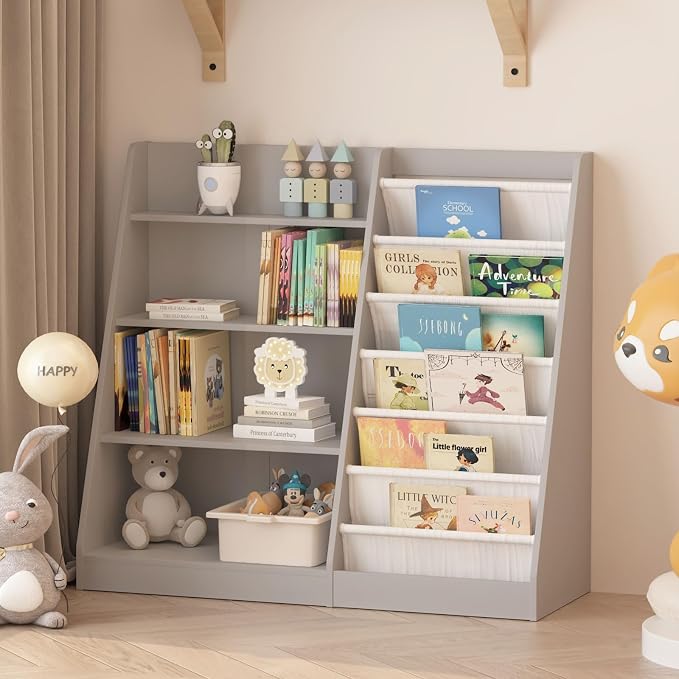 Gray Kids Bookshelf for Nursery Toddler Baby Sling Book Rack Adjustable Shelf - Image 2
