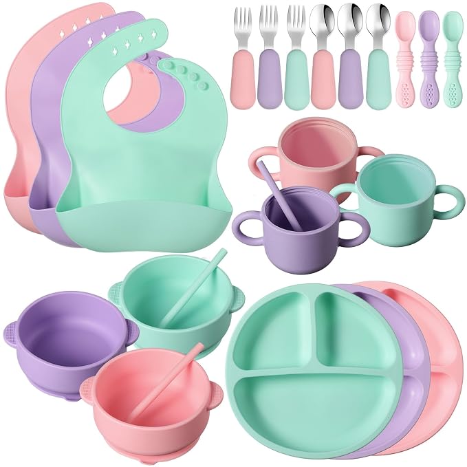 24 Pack Silicone Baby Feeding Set Baby LED Weaning Supplies Includes Suction by Yinder