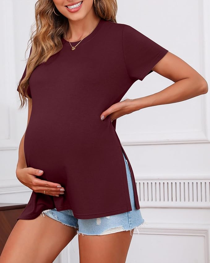 Ficerd 3 Pack Women's Maternity T Shirts, Short Sleeve Side Split Pregnancy - Image 4