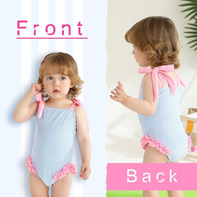 Happy Town Toddler Swimsuit Girl Solid Color Stripe One-Piece Baby Bathing Suits - Image 3