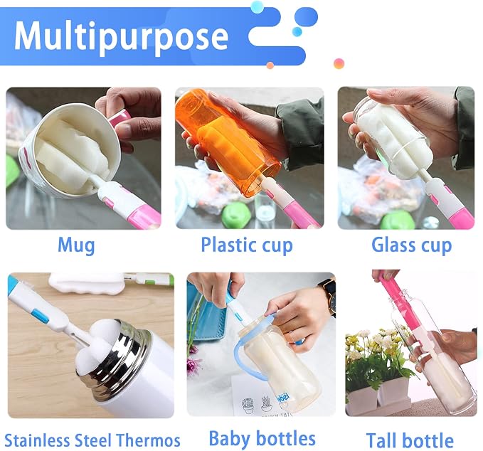 Bottle Brush 8PCS Sponge Cup Brush Set Cup Scrubber Brush Portable Long Handle - Image 4