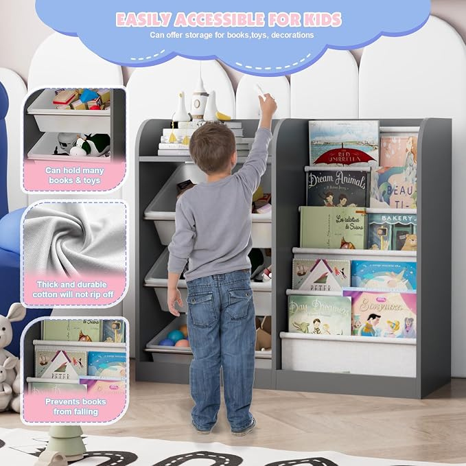 Grey Kids Wood Bookshelf Toy Storage Box Organizer Shelf W/4 Removable Plastic - Image 8