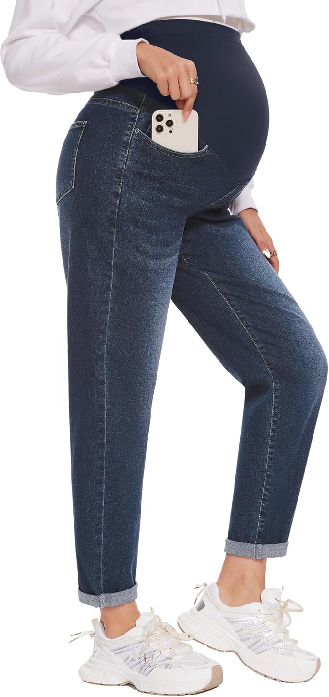 POSHGLAM Women's Maternity Jeans Over Belly Comfy Stretch 28'' Boyfriend Jeans by POSHGLAM