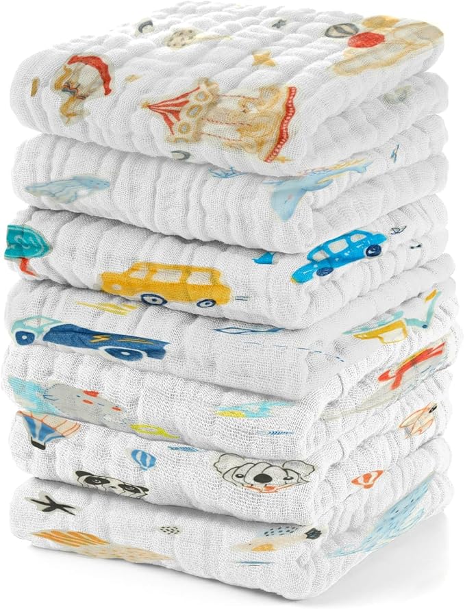 Muslin Baby Washcloths Baby Wipes Newborn Pack of 7-Car Patten, Absorbent Baby by Unknown