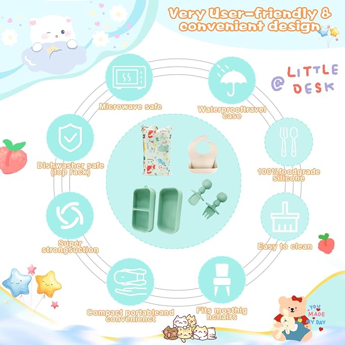 Travel Silicone Baby Feeding Set, 6 In 1 Portable Plates Spill Proof - Image 5