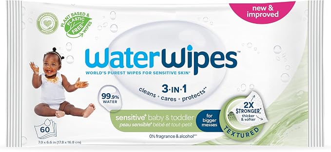 WaterWipes Sensitive+ Baby & Toddler Wipes, 3-In-1 Cleans, 99.9% Water by WaterWipes