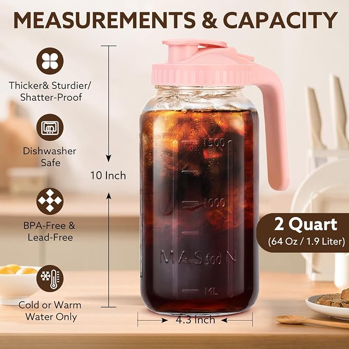 Glass Pitcher with Lid, 64 OZ Mason Jar Pitcher Double Leak Proof, 2 Quart - Image 3