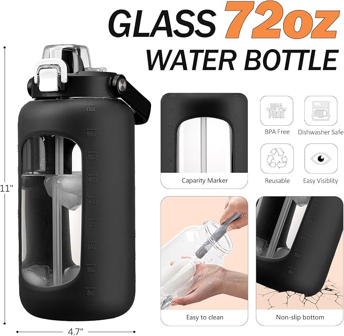 72oz Glass Water Bottle with 2-IN-1 Straw &Chug Lid, Large Motivational Glass - Image 2