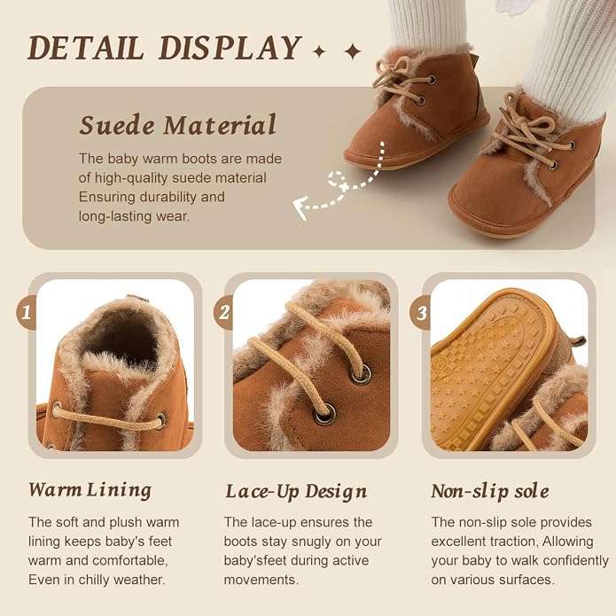 Baby Unisex Warm Snow Boots Newborn Leather Fur Lace Up Ankle Anti-Slip Rubber - Image 3