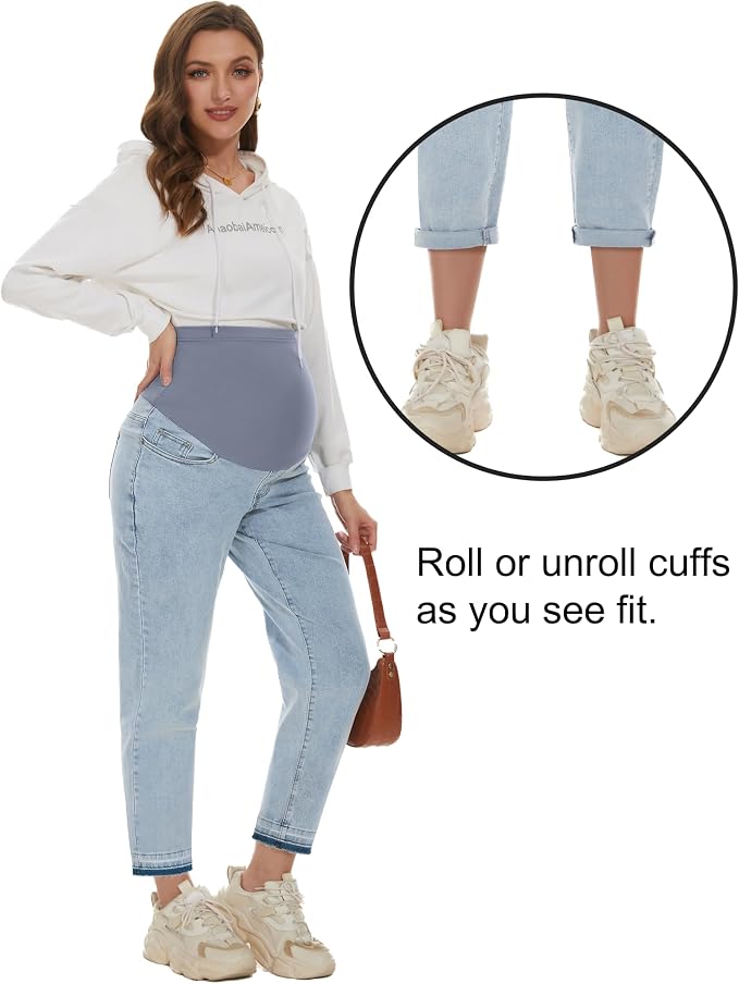 POSHGLAM Women's Maternity Jeans Over Belly Comfy Stretch 28'' Boyfriend Jeans - Image 3