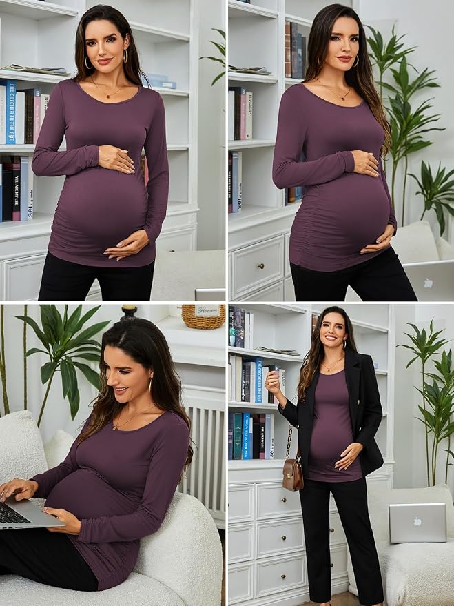 Ecavus Women's Maternity Shirts Long Sleeve Soft Stretchy Pregnancy Tops Side - Image 6