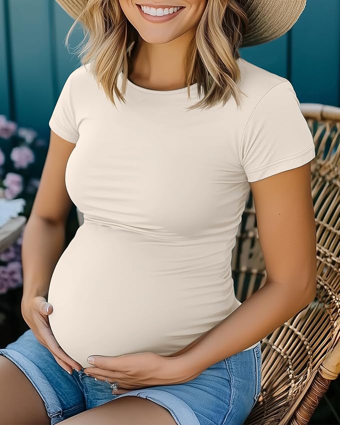 Huukeay 4 Pack Women's Maternity Shirts, Crew Neck Maternity Top Short Sleeve - Image 5