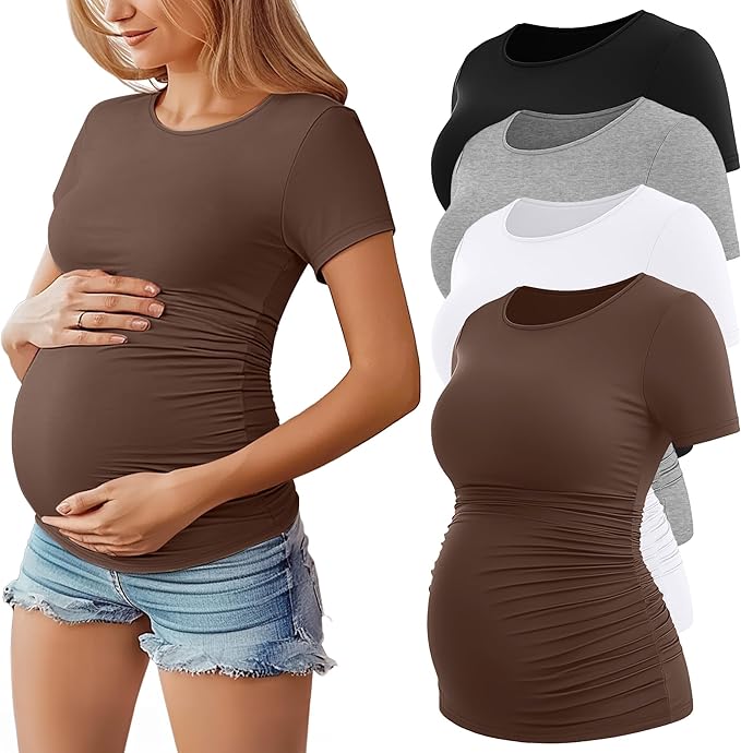 Huukeay 4 Pack Women's Maternity Shirts, Crew Neck Maternity Top Short Sleeve by Huukeay