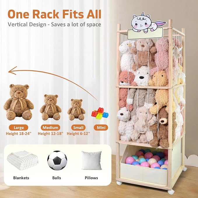 Stuffed Animal Storage with Tiny Toys Tray, Wood Stuffed Animal Zoo Storage - Image 3