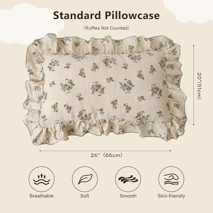 BuLuTu Kids Toddler Muslin Pillowcase Girls Boys Shabby Chic Floral Pillow Cases - Image 2