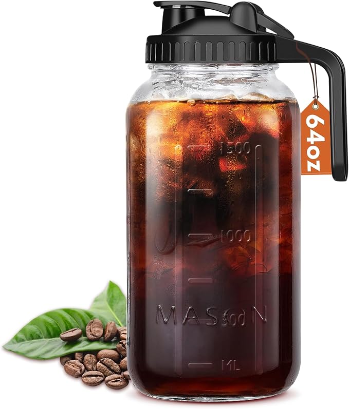 Glass Pitcher with Lid, 64 OZ Mason Jar Pitcher Double Leak Proof, 2 Quart by Mihlapi