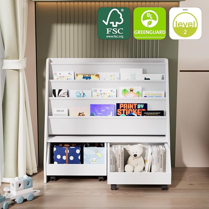 Kids Bookshelf with Two Movable Drawers Toddler Bookcase with Toy Storage - Image 5