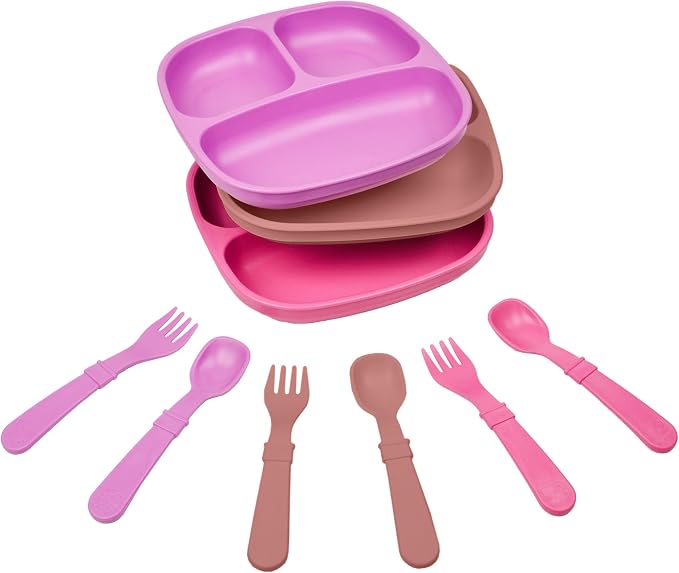 Re-Play 3x3 Divided Toddler Plates and Utensils Set by Re-Play