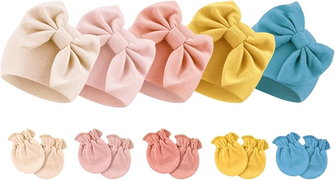 BQUBO Newborn Baby Girls Hats Mittens Set Hospital Hat Beanie Infant Bow Hats by DRESHOW