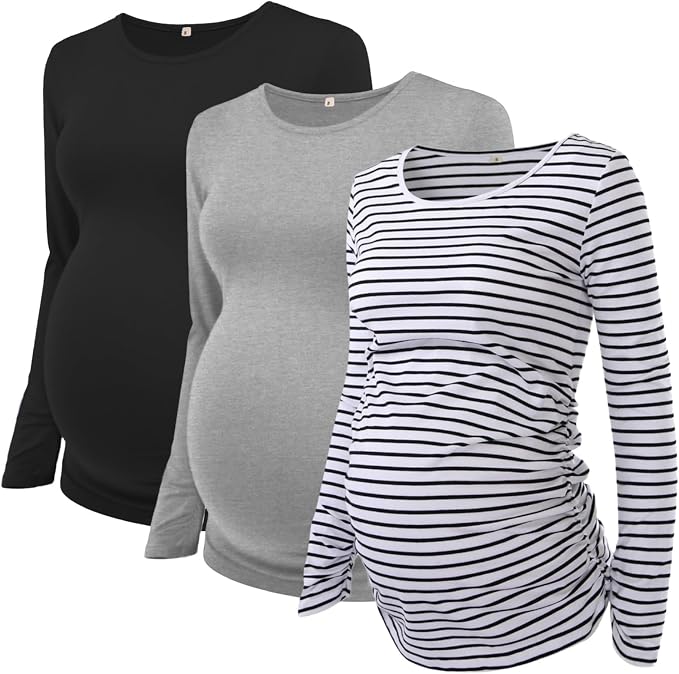 Ecavus Women's Maternity Shirts Long Sleeve Soft Stretchy Pregnancy Tops Side by Ecavus