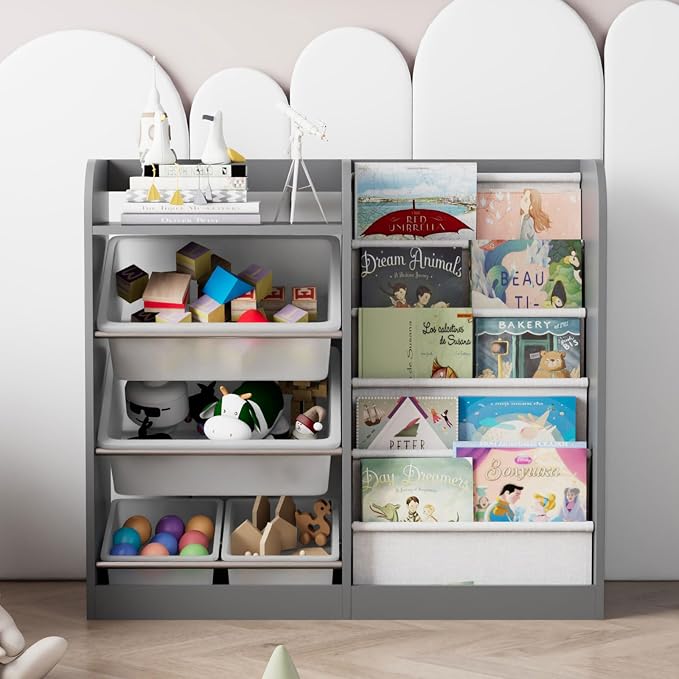 Grey Kids Wood Bookshelf Toy Storage Box Organizer Shelf W/4 Removable Plastic - Image 4