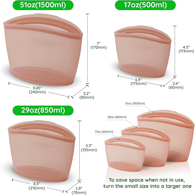 Premium Platinum Silicone Reusable Food Storage Bags 3-Pack, Airtight Zip Lock - Image 7