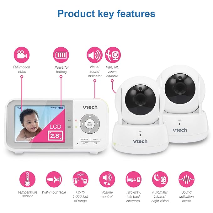 VTech VM923-2 Baby Monitor, 2.8”Screen, 1000ft Range, Pan-Tilt-Zoom, Night - Image 2