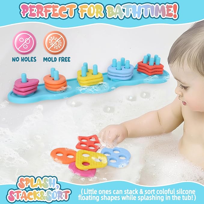 Baby Bath Toys, Mold Free Silcone Shape Sorting & Stacking Bath Toy Set - Image 2