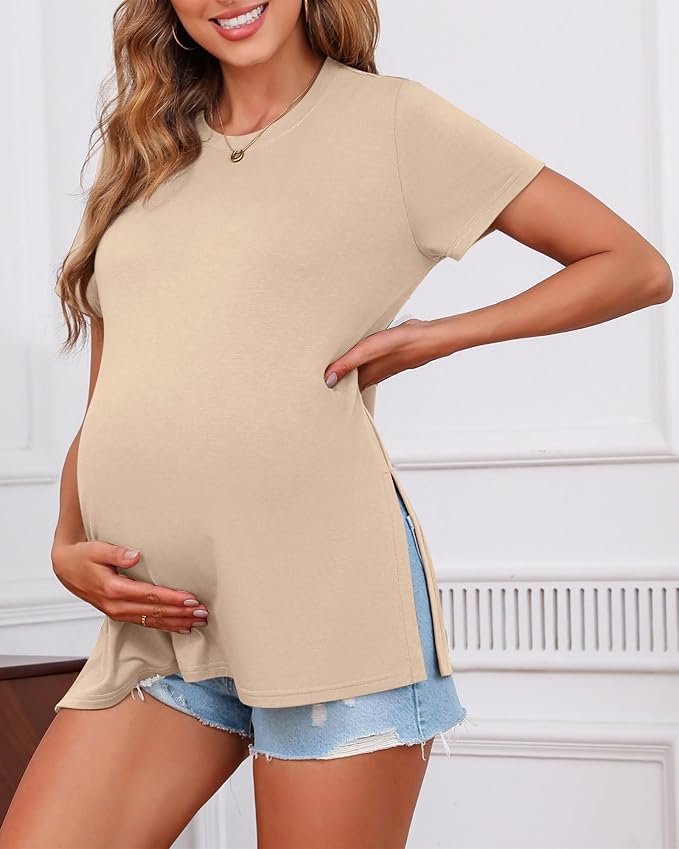 Ficerd 3 Pack Women's Maternity T Shirts, Short Sleeve Side Split Pregnancy - Image 4