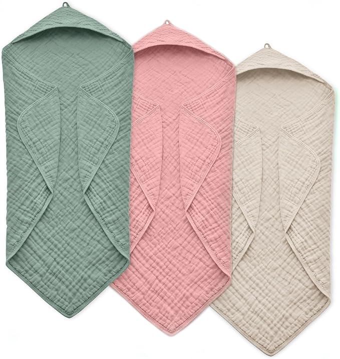 Hooded Baby Towels for Newborn, 35x35 Inch 3 Pack 100% Muslin Cotton Baby Bath by EveryNewMothersChoice