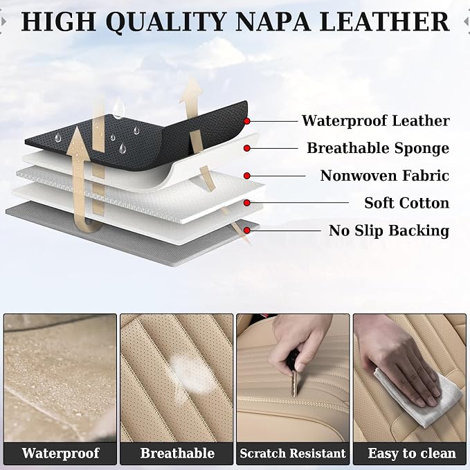 Coverado Beige Nappa Leather Car Seat Covers, Universal Fit Front Seats - Image 9