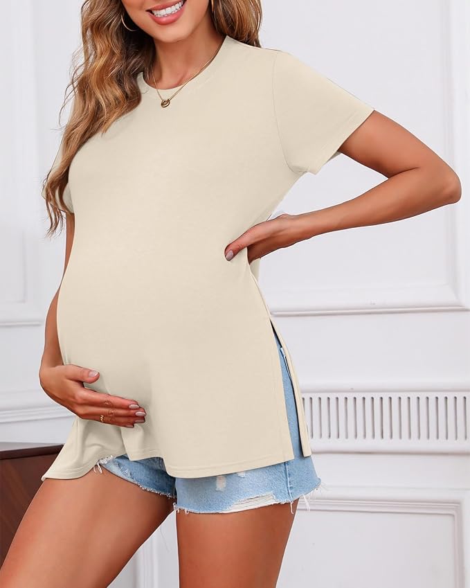Ficerd 3 Pack Women's Maternity T Shirts, Short Sleeve Side Split Pregnancy - Image 4
