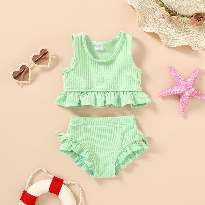 HAPPYMA Baby Swimsuit Toddler Girl Bathing Suit Summer Solid Color Bikini Set - Image 2