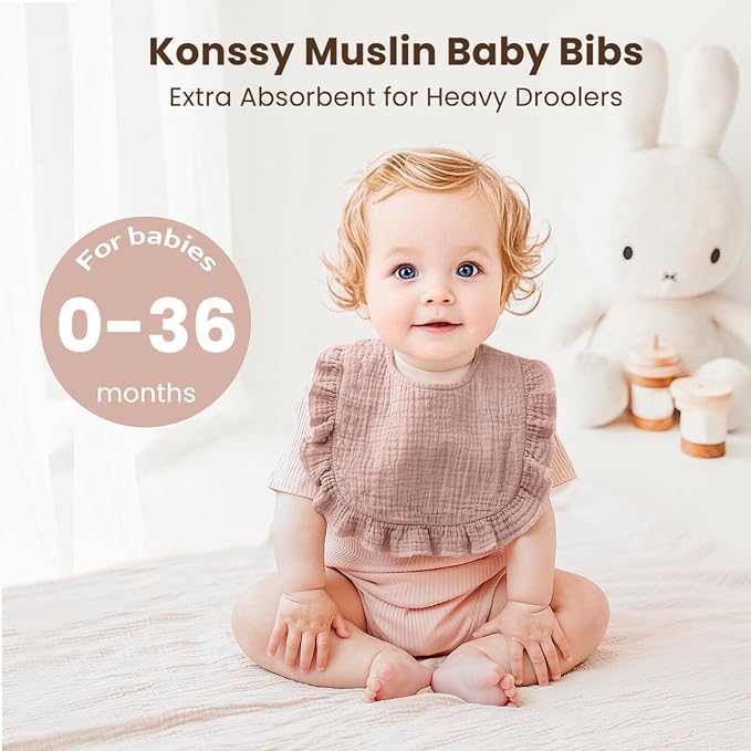 Konssy Muslin Baby Bibs for Girls – Soft 100% Cotton Drool Bibs, Ruffle Trim - Image 2