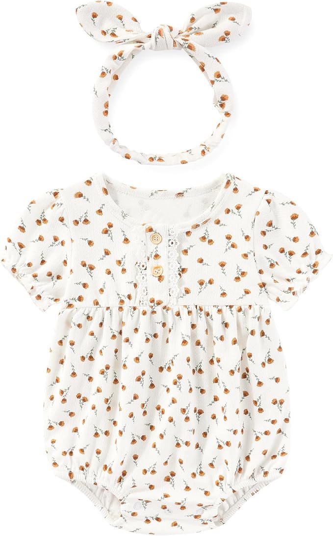 Newborn Baby Girl Clothes Cotton Bubble Romper Floral Short Sleeve Bodysuit 3 - Image 2