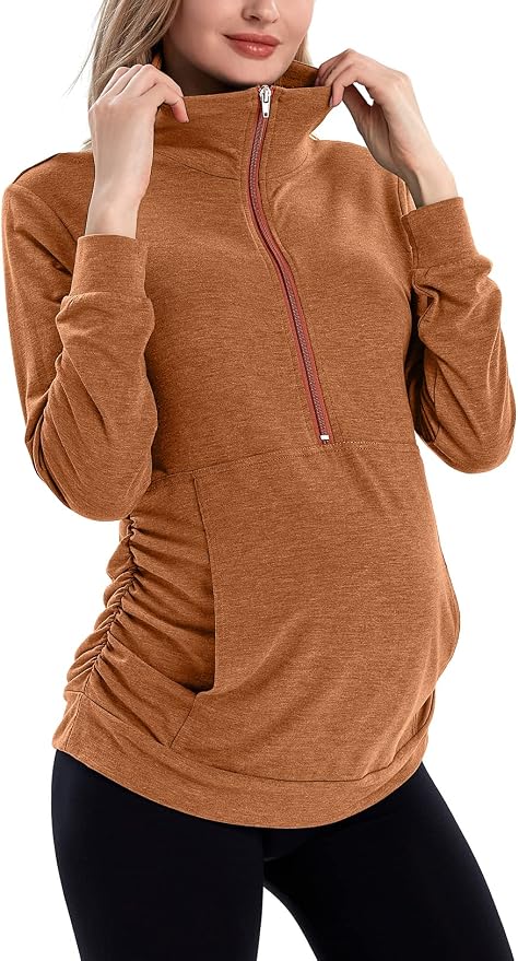GINKANA Maternity Women's Long Sleeve Shirt Half Zipper Lapel Lightweight by GINKANA