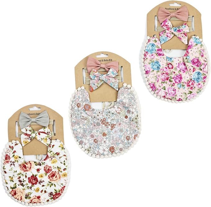 Baby Girls Floral Print Bibs, Reversible Burp Cloth Set by Esumun