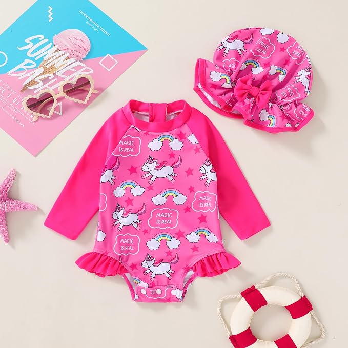 Infant Baby Girl Swimsuit One-Piece Long Sleeve Rash Guard - Image 2