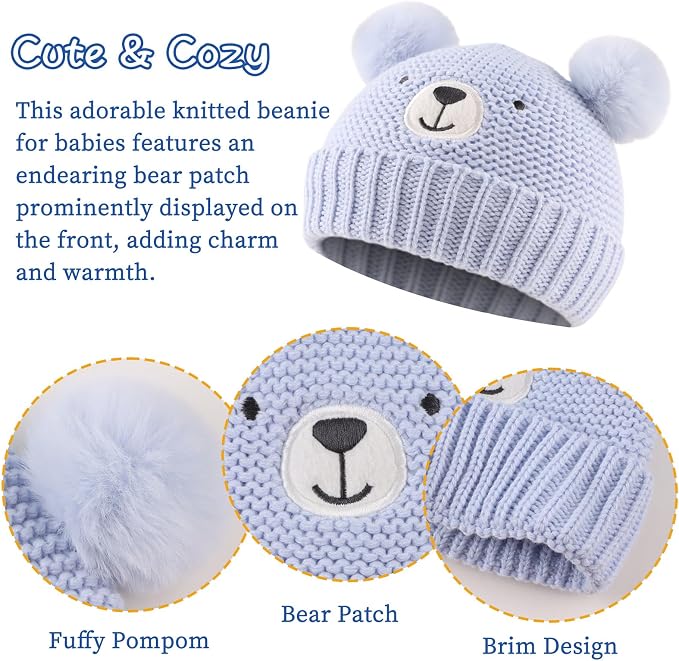 JANGANNSA Cute Bear Baby Beanie Pompom Baby Boys Hat Infant Toddler Winter - Image 3