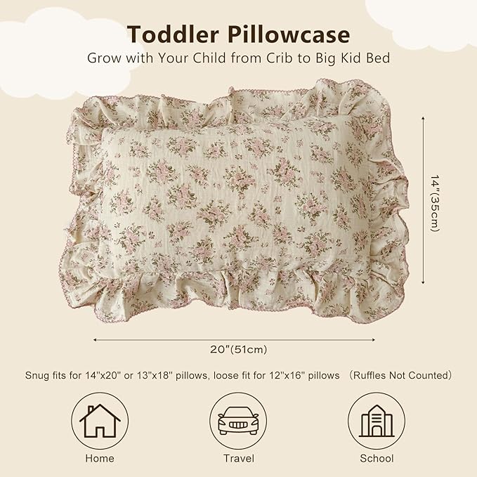 BuLuTu Muslin Cotton Toddler Pillowcases 14"x20", Shabby Chic Pink Floral Kids - Image 2