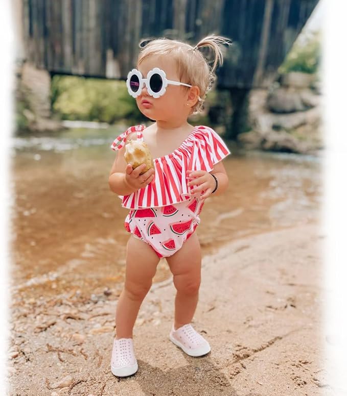 Toddler Baby Girls Ruffles Bikini One Piece Swimsuits Floral Off Shoulder - Image 2