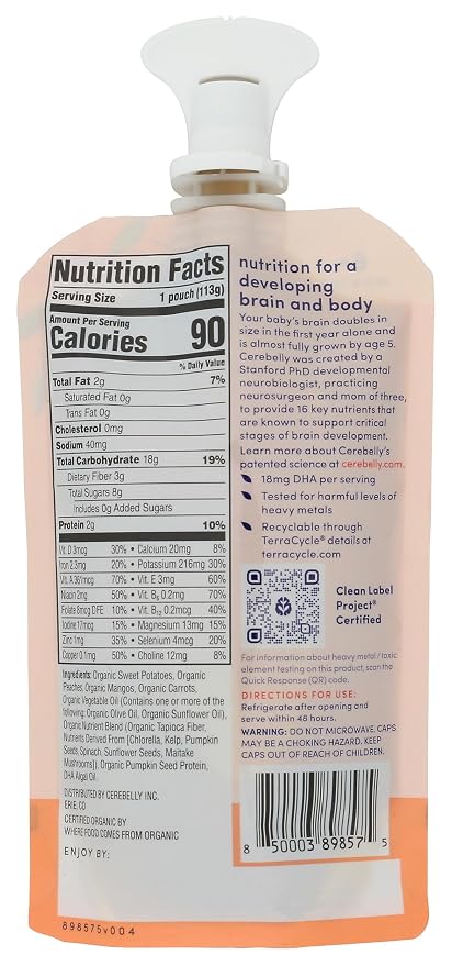 Cerebelly Organic Baby Food Pouches – Organic Sweet Potato Peach Pouch Protein - Image 2