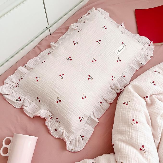 BuLuTu Cotton Muslin Kids Toddler Pillowcase Cherry Pattern, Soft Travel Pillow by BuLuTu