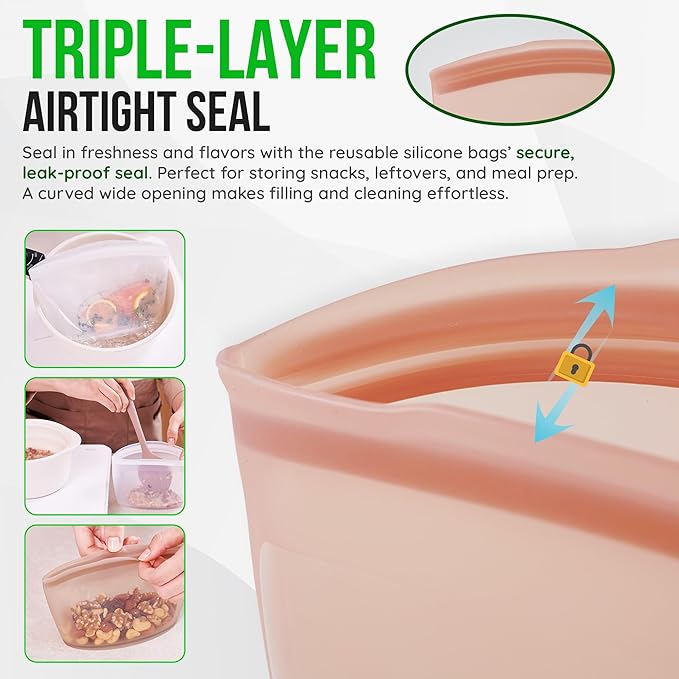 Premium Platinum Silicone Reusable Food Storage Bags 3-Pack, Airtight Zip Lock - Image 6